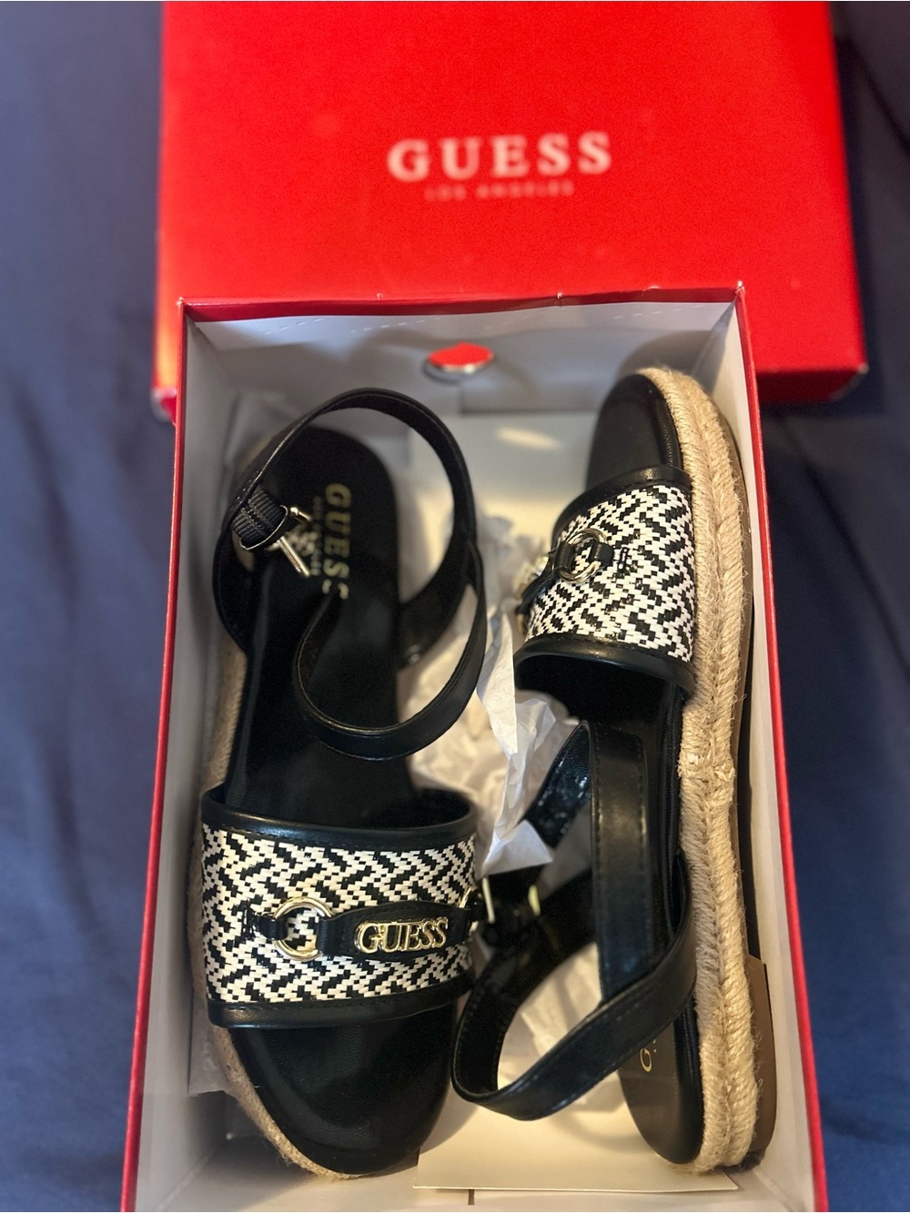 GUESS Black and White Espadrille Platform Sandals